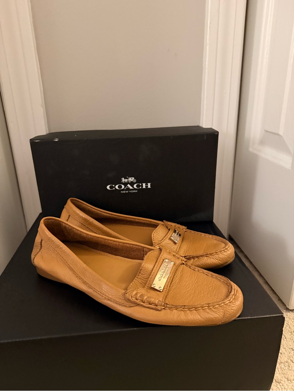 Coach Tan Leather Driving Loafers with Gold Plaque